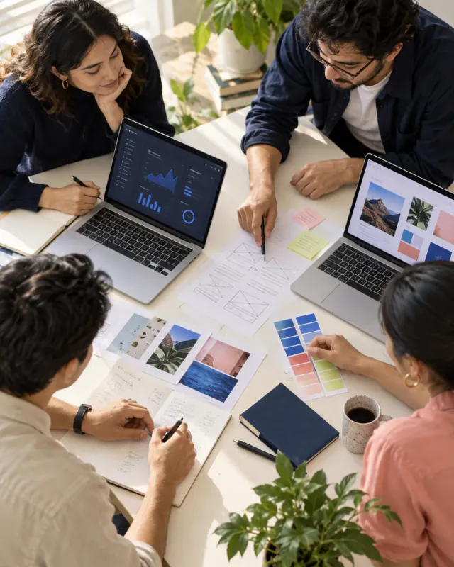 Equipo colaborando en producto digital, marca y marketing